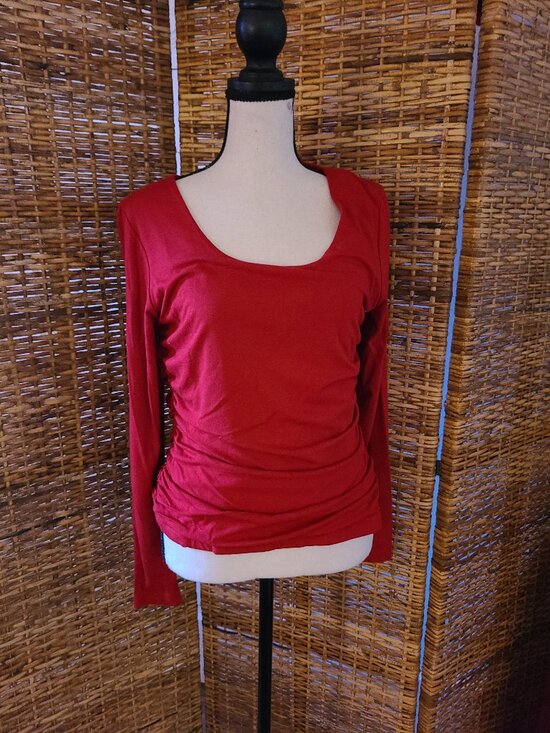 VTG Karen Kane Women's Long Sleeve Red Top Ruched Sides Lined Stretch SZ L USA - Picture 1 of 5